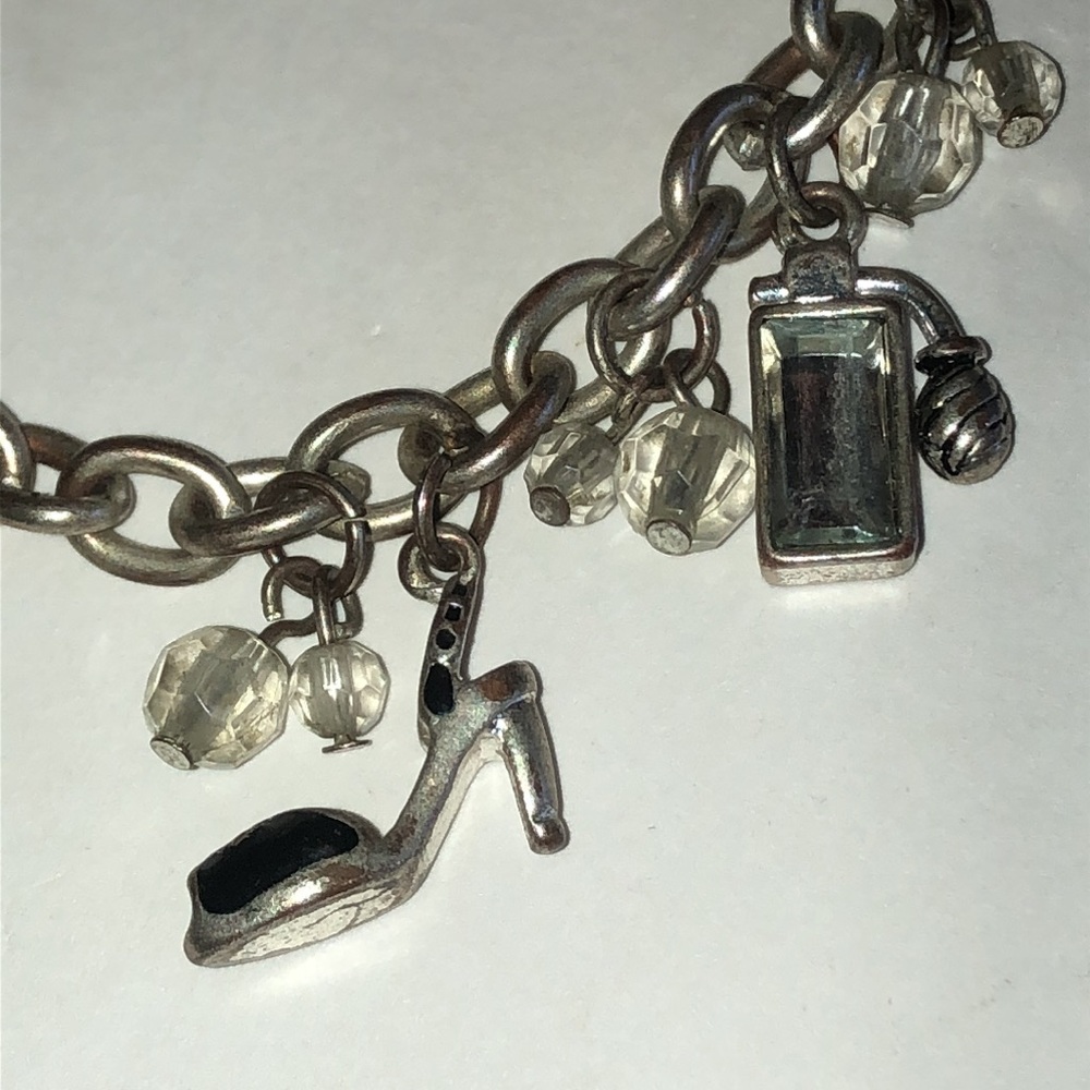 Silver Tone Shoe Mirror Charm Perfume Chain Bracelet with Clear Bead Accents - Picture 3 of 6